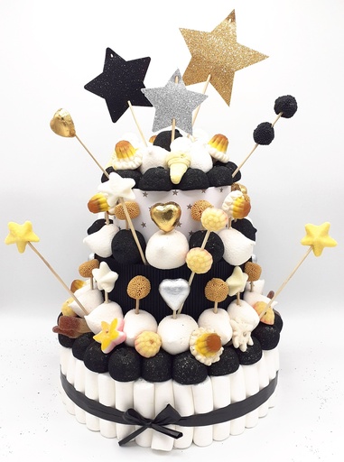 Tarta Chuches Grande Estrellas Blanco-Negro-Dorado